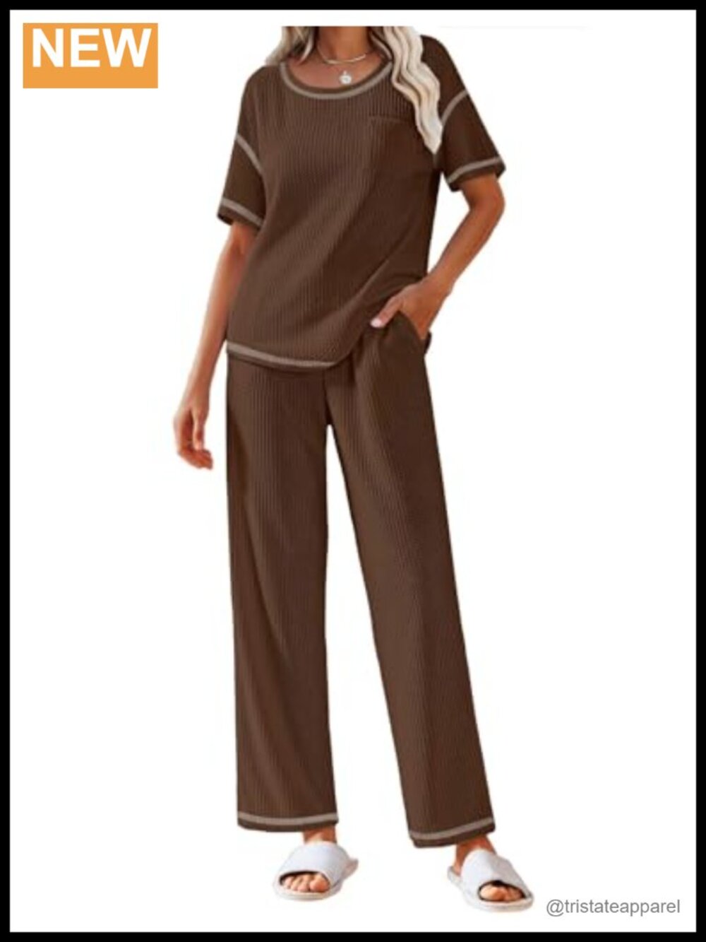 Waffle Knit Lounge Set 2 Piece Short Sleeve Top & Long Pants Sleepwear